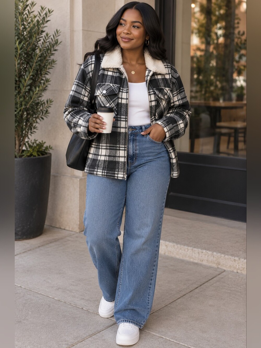 Sherpa-Lined Plaid Shacket Jacket - Dark Gray & White